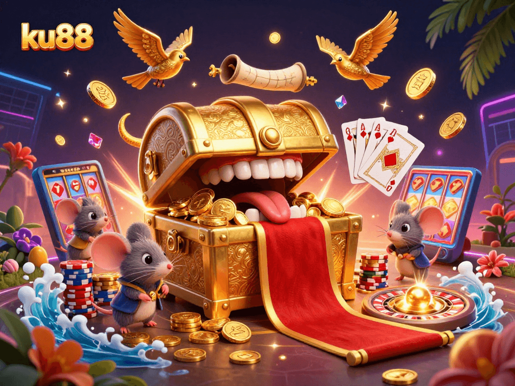 Engage with ku88's vibrant gaming adventure featuring a dazzling treasure chest and casino elements.
