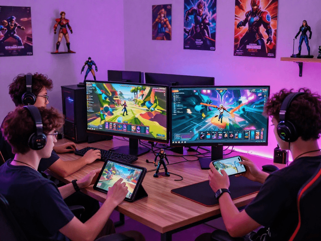 Players enjoying degrees of lewdity in diverse online adult gaming setups with vibrant screens and gaming merchandise.