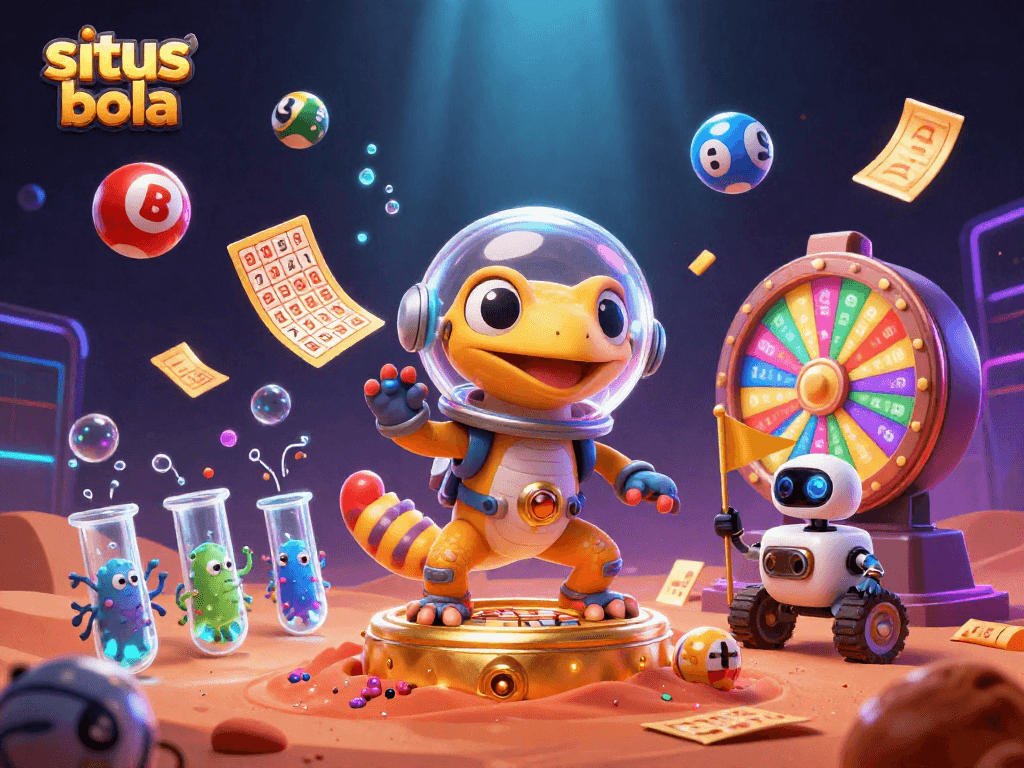 Experience thrilling situs judi bola action with a Martian gecko exploring a golden casino, surrounded by vibrant game elements.