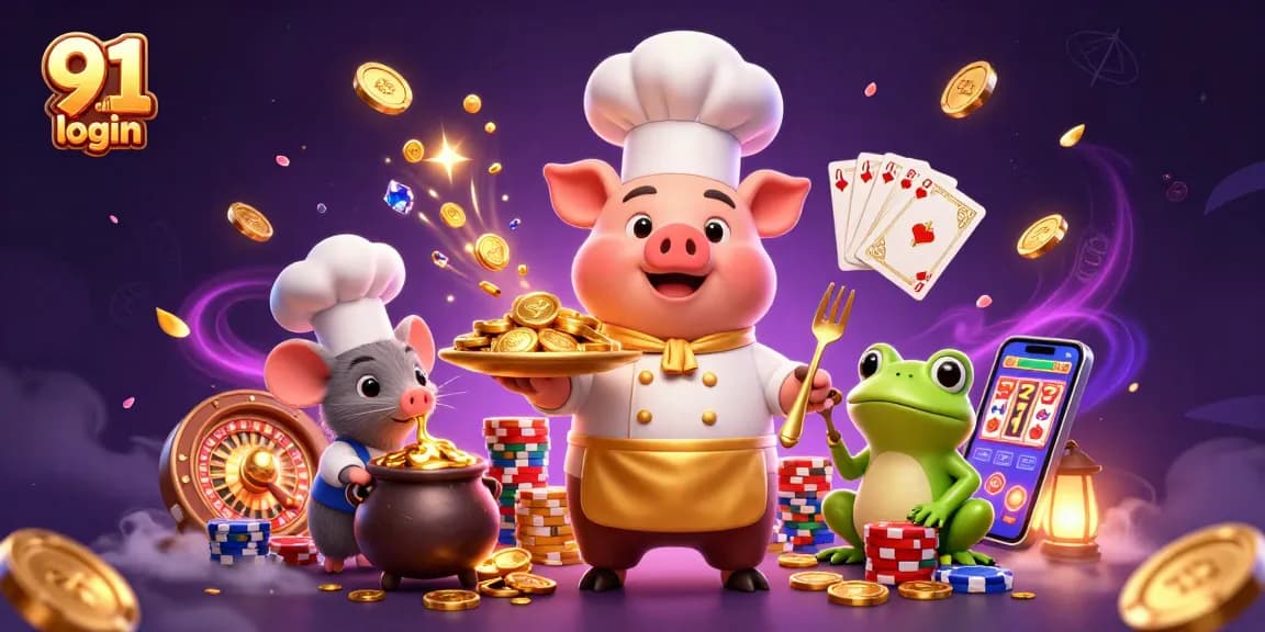 Experience the thrill of 91 club login with gold coins cascading around a chef pig and its culinary friends.