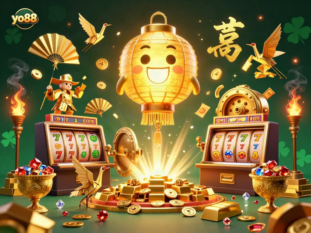 Spin and win at yo88 with a dynamic casino scene showcasing vibrant slot reels and golden treasures.