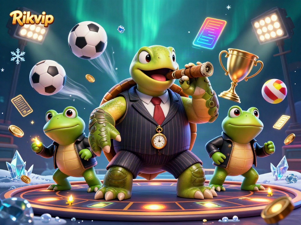 Experience the thrilling world of Rikvip with a vibrant turtle mobster and dynamic sports elements.