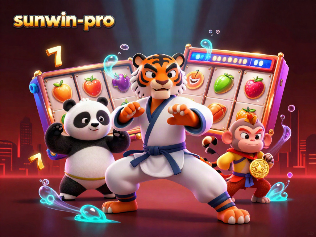 Engaging sunwin-pro casino scene with 3D characters and vibrant slot symbols