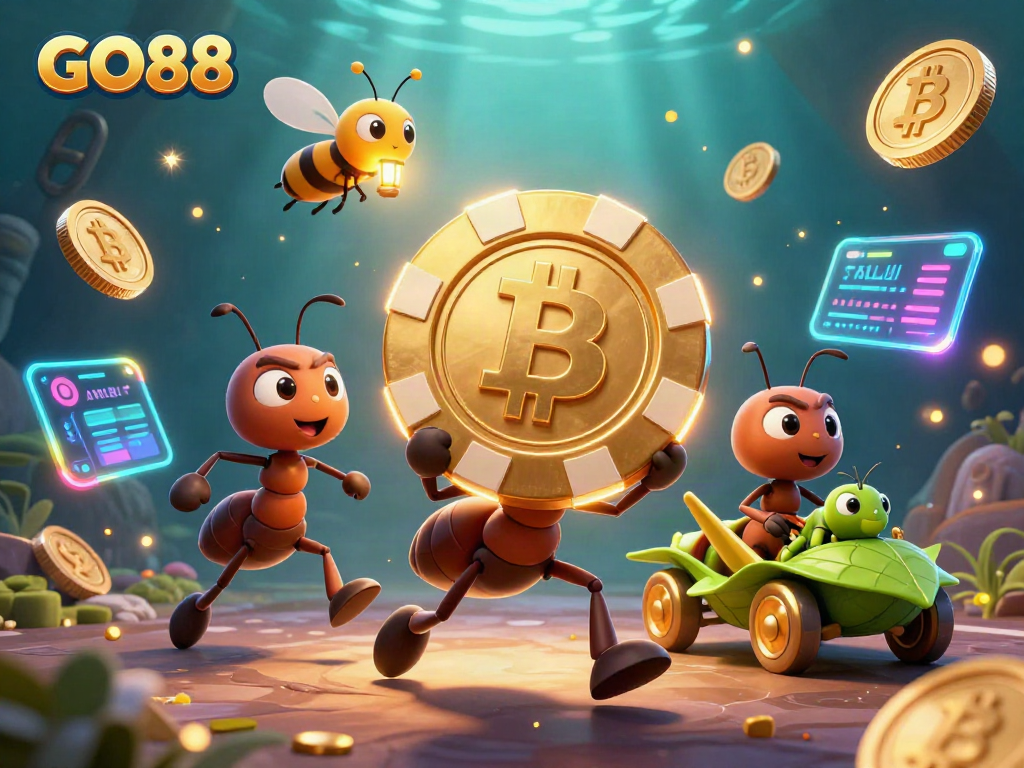 GO88 heist scene with ants, poker chip, and crypto elements creates an engaging casino illustration
