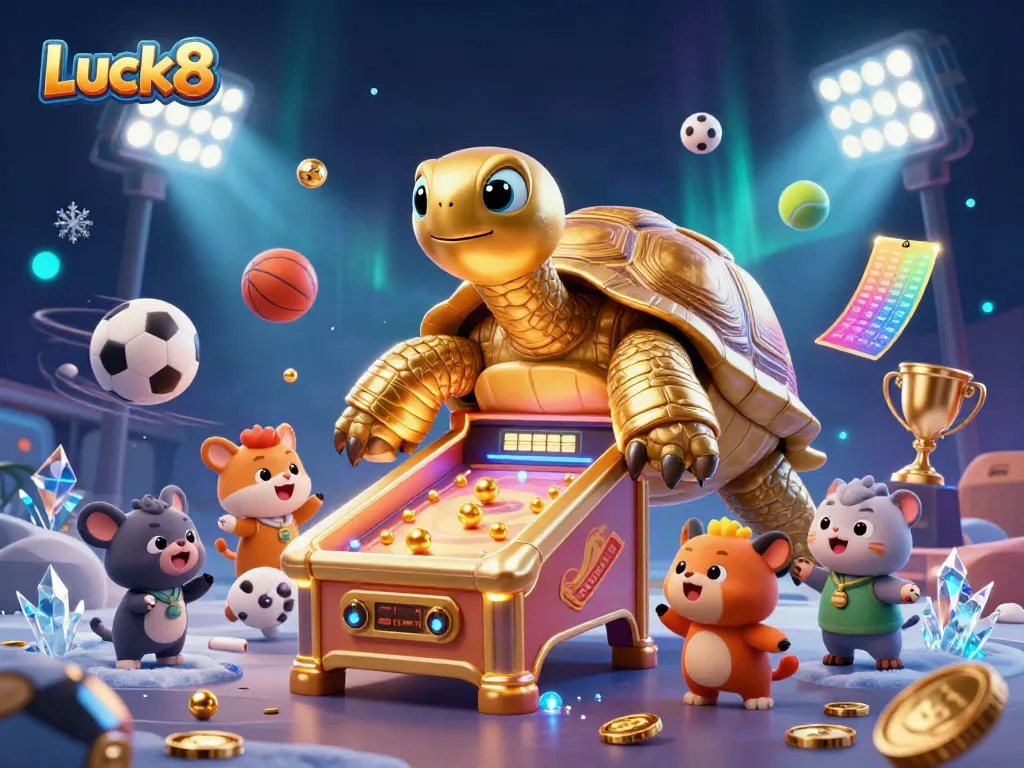 Experience immersive gameplay with Luck8, a vibrant 3D cartoon illustration filled with dynamic casino elements.