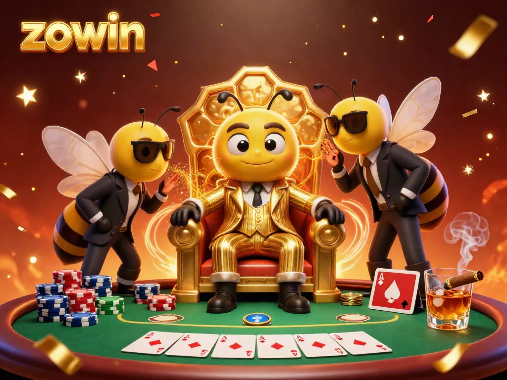 Engage in exhilarating gameplay with Zowin featuring a cartoon bumblebee mob boss surrounded by poker elements.