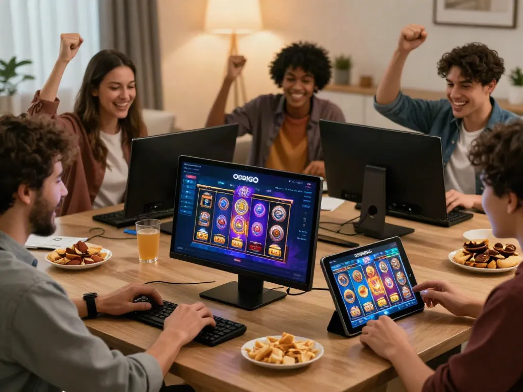 Excited players enjoying ODDIGO slot games on mobile devices in a lively home setting.