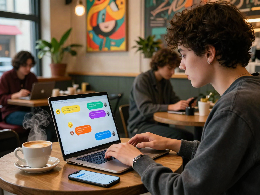 Young adult enjoying an nsfw chat on a laptop in a vibrant coffee shop.