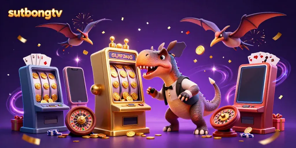 Sutbongtv illustrates a vibrant scene with a pachycephalosaurus winning on a slot machine, creating a dynamic casino atmosphere.