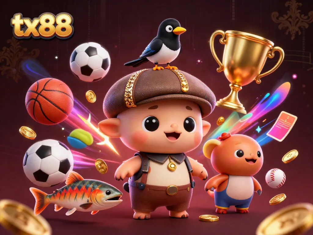 Engage in thrilling gameplay at tx88, featuring a playful baby Nessie, magpie, and sports elements immersed in an exciting casino atmosphere.