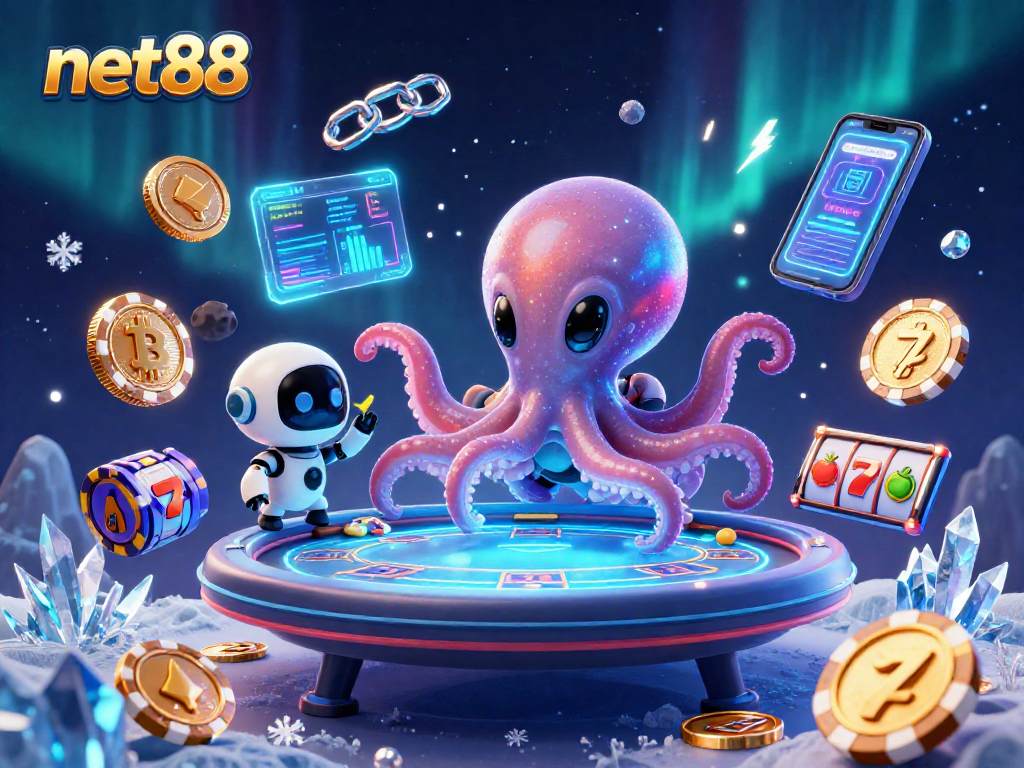 Engage with net88's vibrant alien casino scene featuring a poker table and crypto elements.