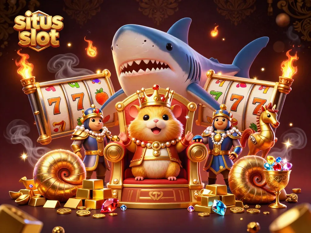 Experience the excitement of situs slot with a golden hamster king amidst treasure and slot reels.