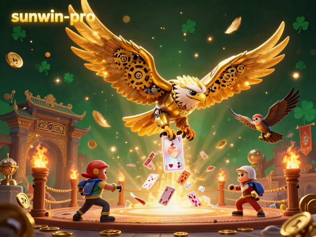 Engage with sunwin-pro as the cybernetic eagle dives through holographic cards in a vibrant casino scene.
