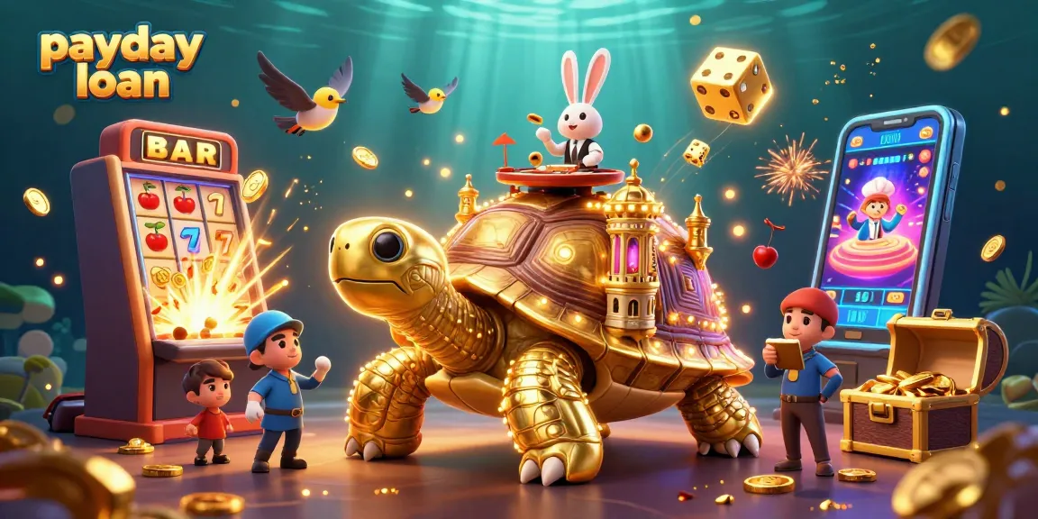Experience a payday loan adventure with a golden tortoise in a vibrant casino scene.