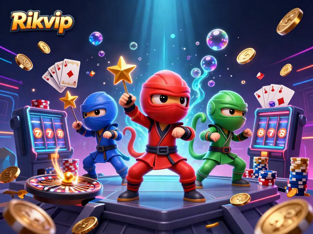 Engage with Rikvip through a vibrant casino scene featuring chameleon ninjas and dynamic gaming elements.
