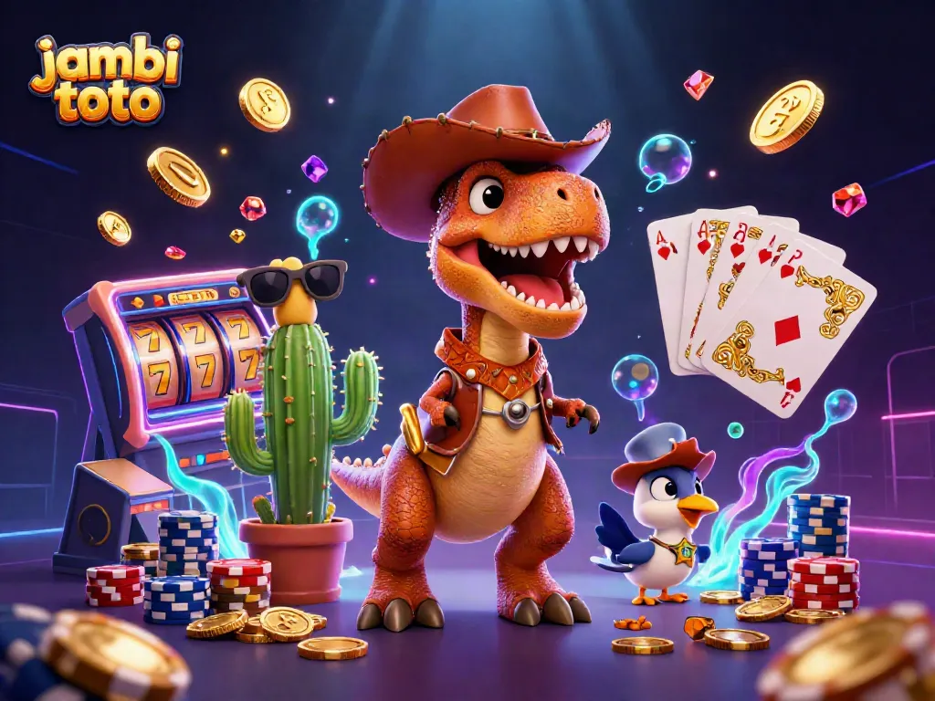 Spin to win with jambi toto's dynamic casino scene featuring a T-Rex and vibrant game elements.