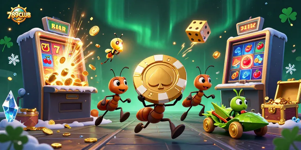 Experience the exciting heist scene of 789CLUB, featuring playful ants carrying a massive poker chip.