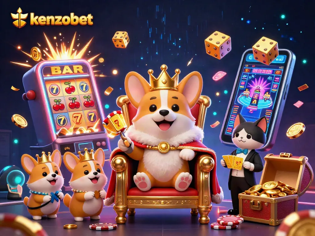 Experience the thrill of kenzobet with a dynamic 3D illustration showing royal characters and vibrant casino elements.
