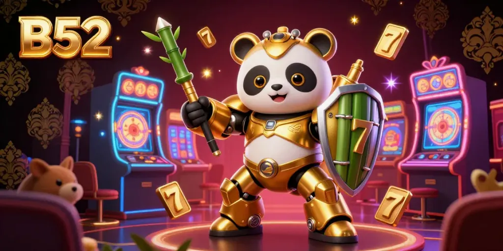 B52 casino gaming scene featuring a golden panda in a mech-suit, vibrant slot machines, and dynamic action elements.