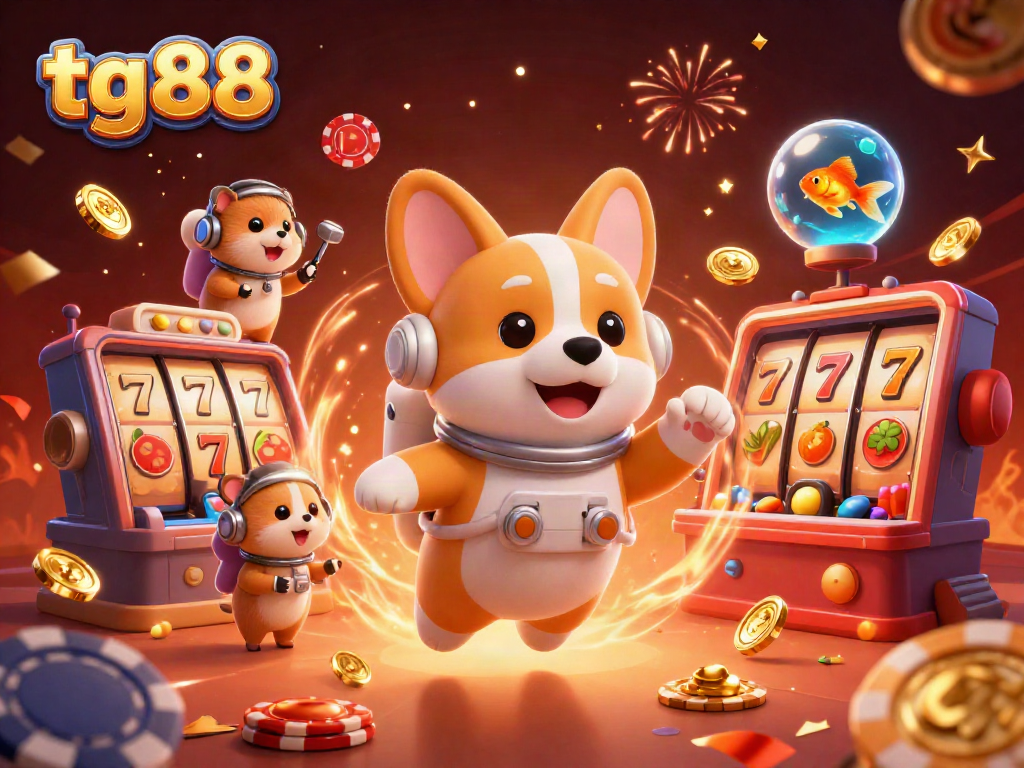 Experience thrilling gaming in tg88 with a corgi astronaut and dynamic casino elements.