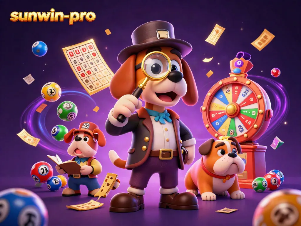 Experience thrilling gambling action with sunwin-pro's vibrant scene of cartoon characters, games, and clues.