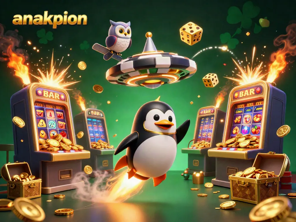 Experience gaming excitement with anakpion as the golden penguin and casino chip station ignite a thrilling bet adventure.
