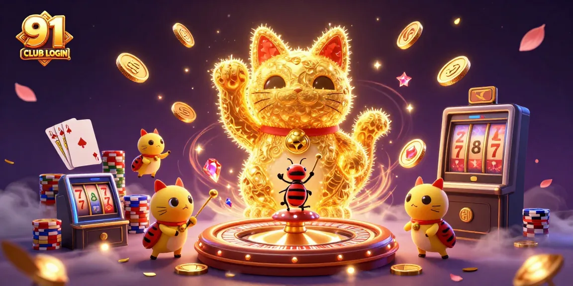 Engage with vibrant 91 CLUB LOGIN illustration featuring a lively golden lucky cat amidst casino symbols.