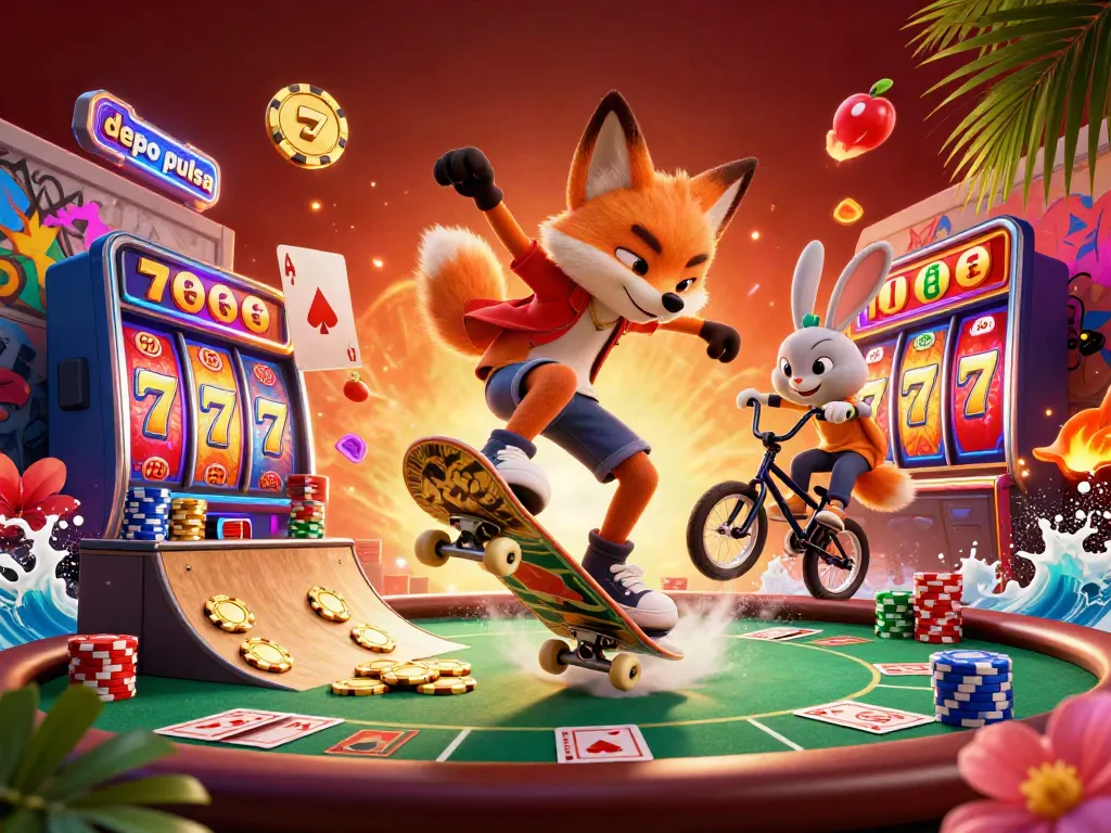 A vibrant 3D casino scene with the keyword depo pulsa showcased through dynamic slot reels, casino symbols, and edgy characters' tricks.