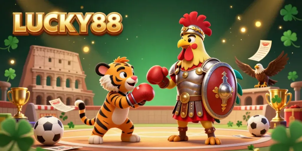 Engage with LUCKY88 in this vibrant illustration showcasing sports betting elements alongside a heroic rooster and friends.