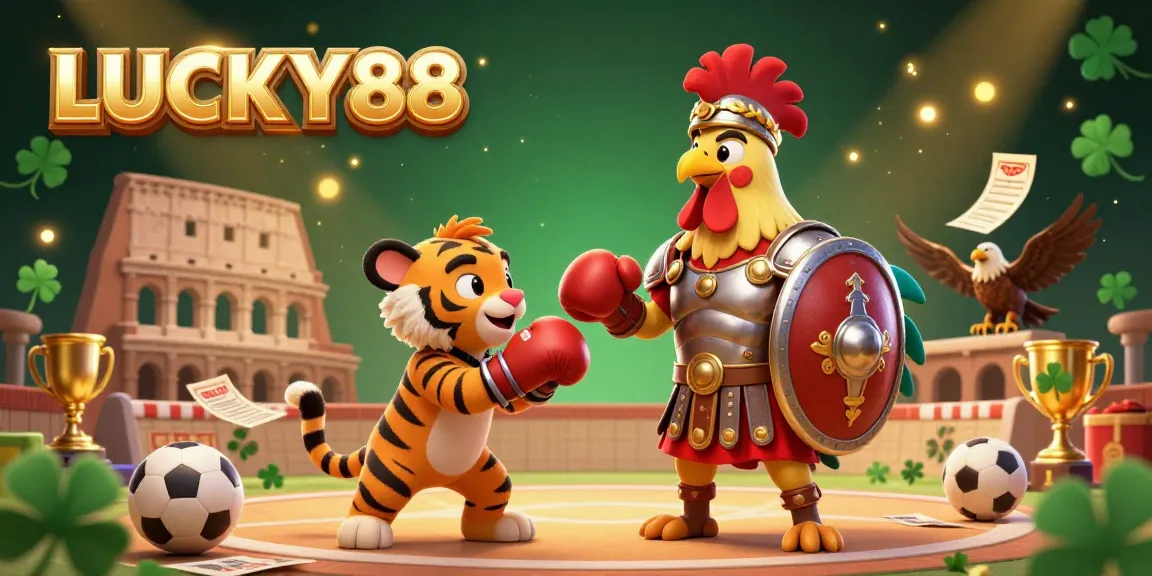 Engage with LUCKY88 in this vibrant illustration showcasing sports betting elements alongside a heroic rooster and friends.