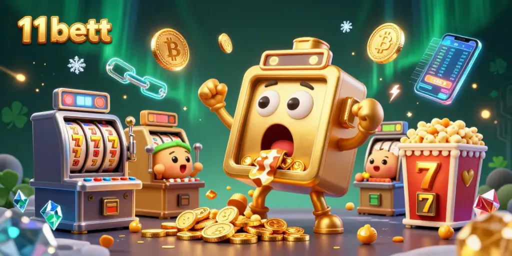 11bett slot machine hitting jackpot, surrounded by cheering machines and crypto coins