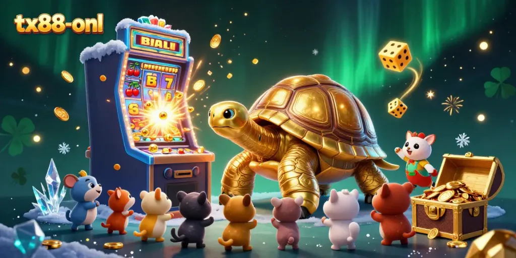 Engage with thrilling jackpots at tx88-onl, featuring exciting slot machines and animated golden dice.