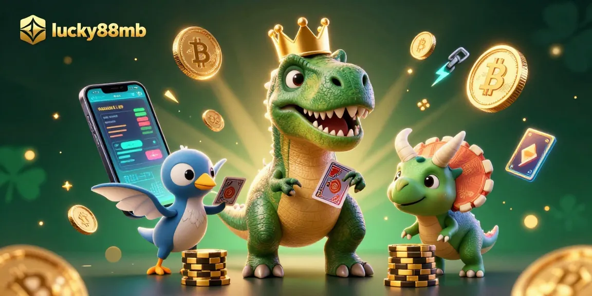 Experience the thrill of lucky88mb as dinosaurs engage in a vibrant casino scene with glowing crypto elements.