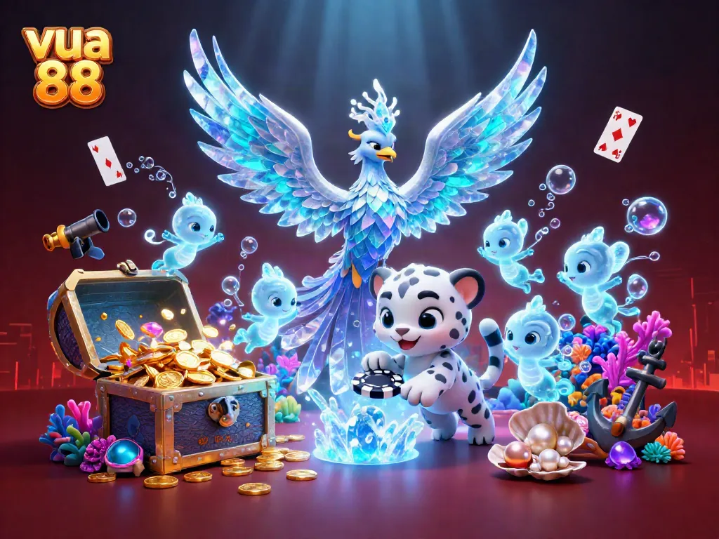 Spin the reels with vua 88 in a vibrant underwater casino scene filled with magical characters and treasures.
