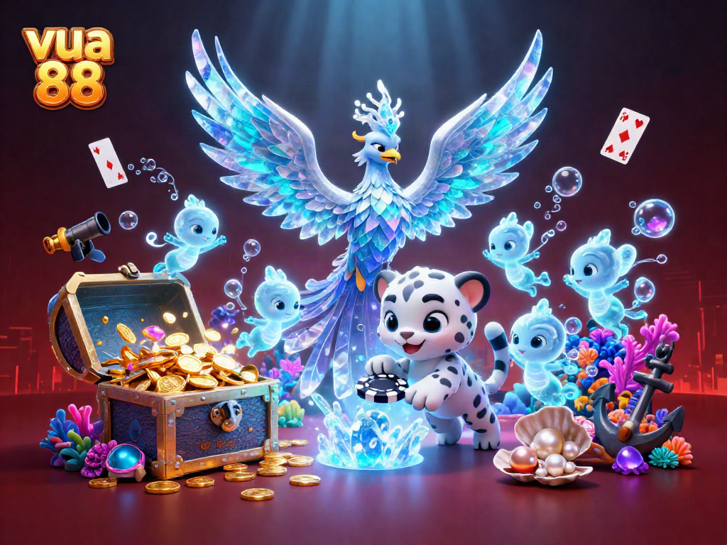 Spin the reels with vua 88 in a vibrant underwater casino scene filled with magical characters and treasures.