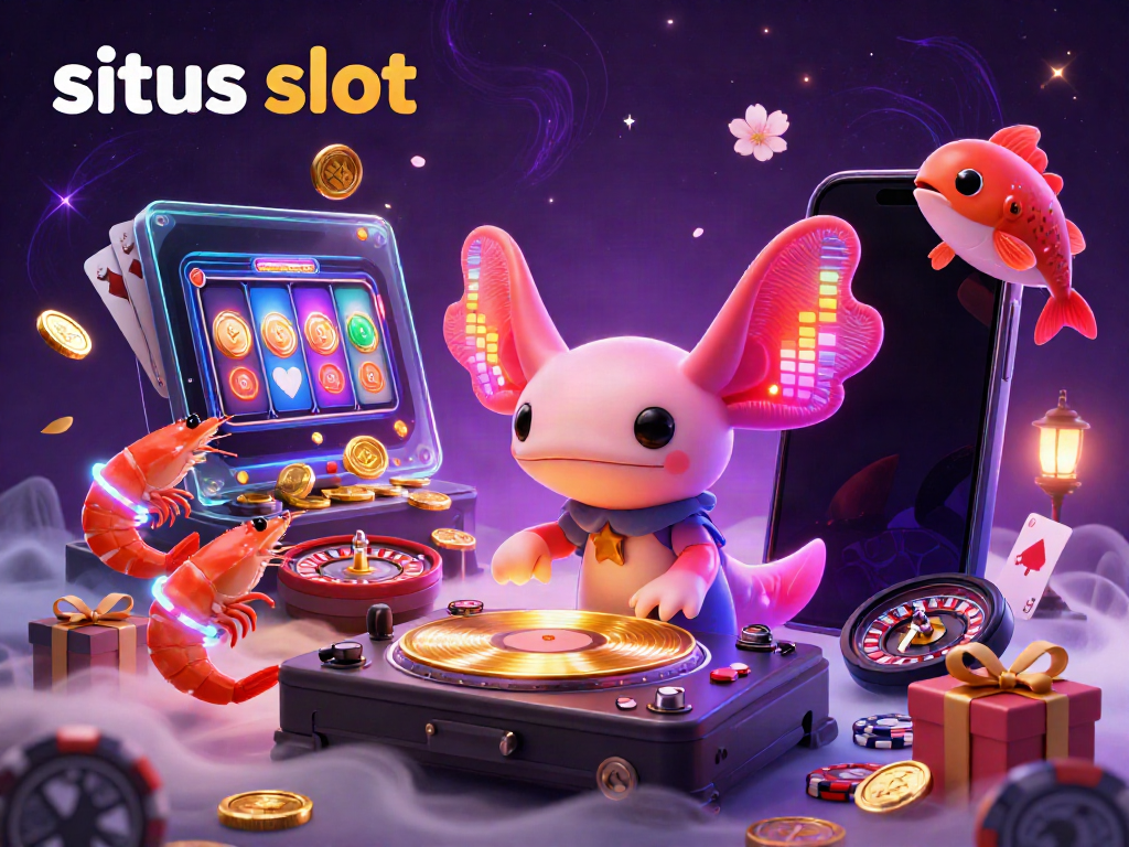 Experience thrilling situs slot gameplay with a neon axolotl DJ amidst vibrant casino elements.