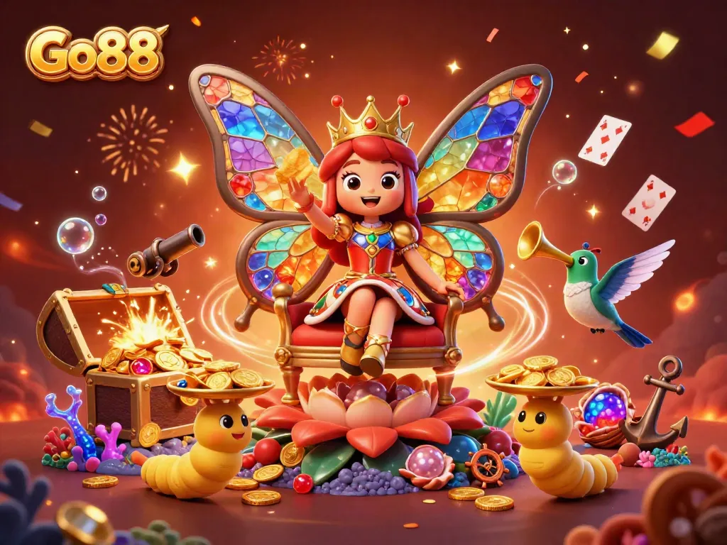 Engage with Go88 through vibrant 3D casino illustration showcasing a butterfly queen and rich gaming elements.