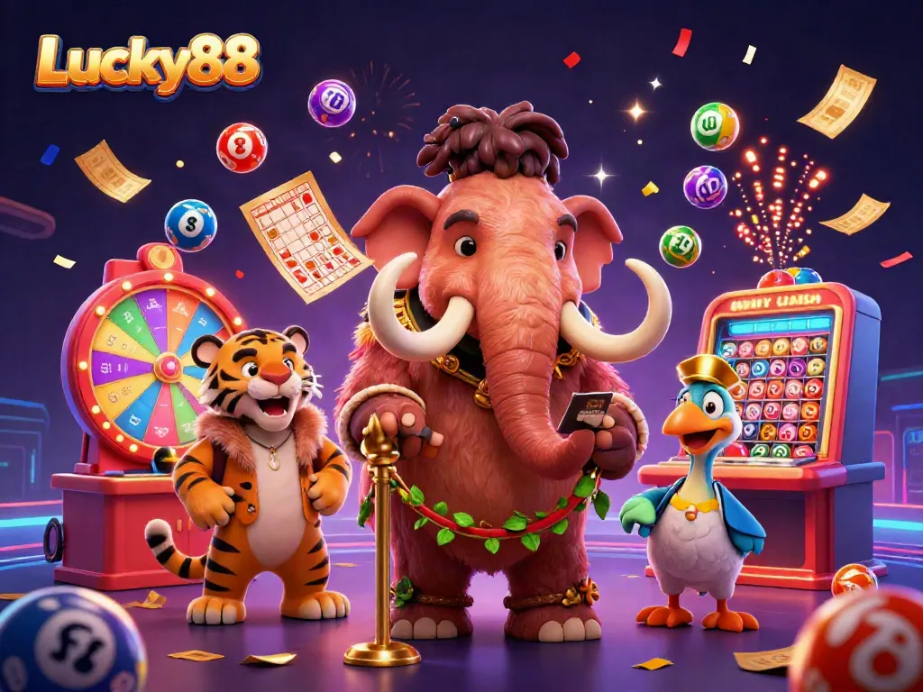 Experience vibrant Lucky88 gaming vibes with a cartoon mammoth bouncer, saber-tooth tiger VIP, and dynamic lottery elements.