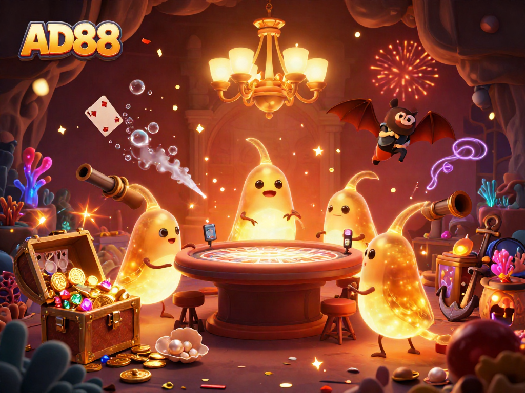 Experience AD88 with glowworms illuminating a casino scene filled with treasures and vibrant colors.