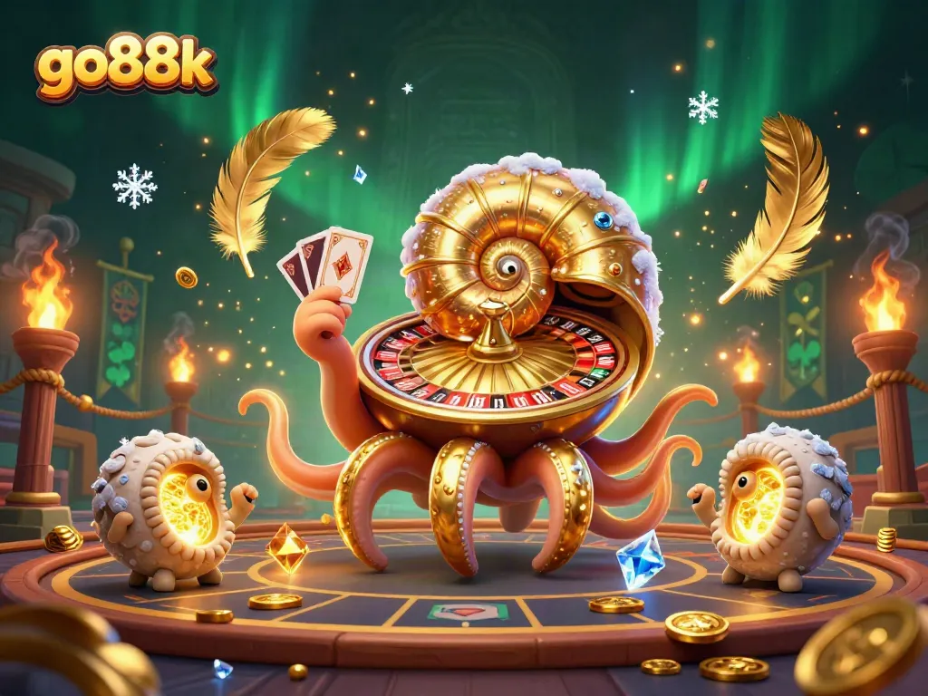 Experience thrilling gameplay at go88k with the giant nautilus roulette wheel and glowing cards.