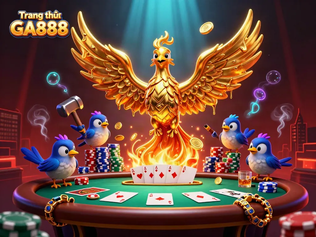 Experience the vibrant world of Trang chủ GA888 with a molten phoenix amidst a dazzling poker scene.