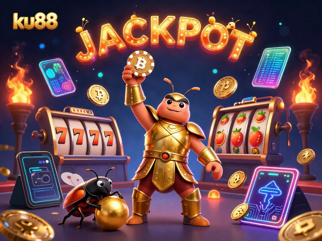 Engage with ku88's vibrant gaming scene featuring a heroic beetle celebrating a jackpot