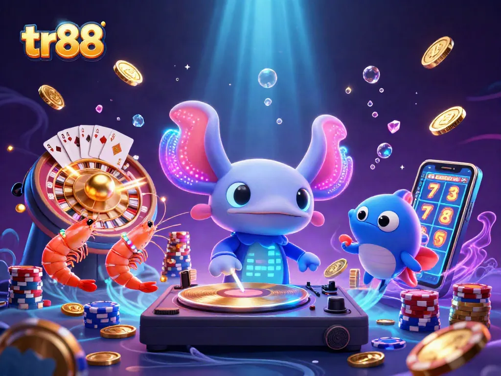 tr88 casino illustration featuring neon axolotl DJ with vibrant gaming elements and underwater atmosphere.