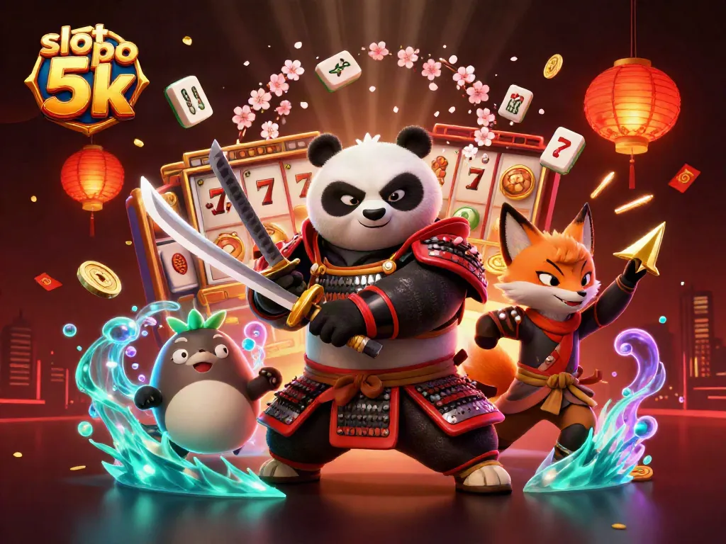 Experience thrill with slot depo 5k, featuring samurai panda and ninja fox in an exciting casino-themed illustration.