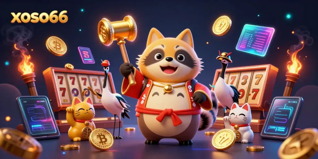 Experience the excitement of xoso66 with a tanuki, crane, and fortune cats amidst vibrant slot elements.