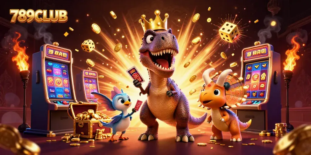 Play thrilling 789CLUB games with a T-Rex, pterodactyl, and triceratops celebrating wins.