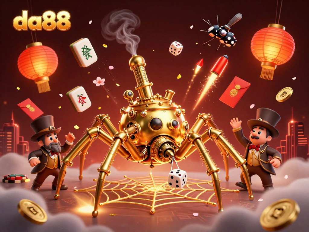 Catch lucky dice with the da88 spider amid vibrant casino elements and 3D fun.
