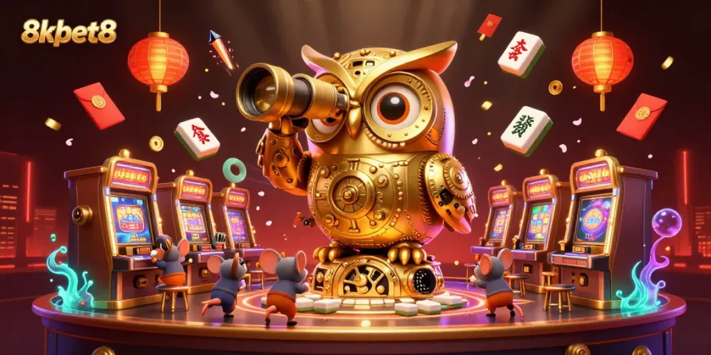 Experience the thrilling 8xbet8 casino floor with a golden owl overseeing the excitement.