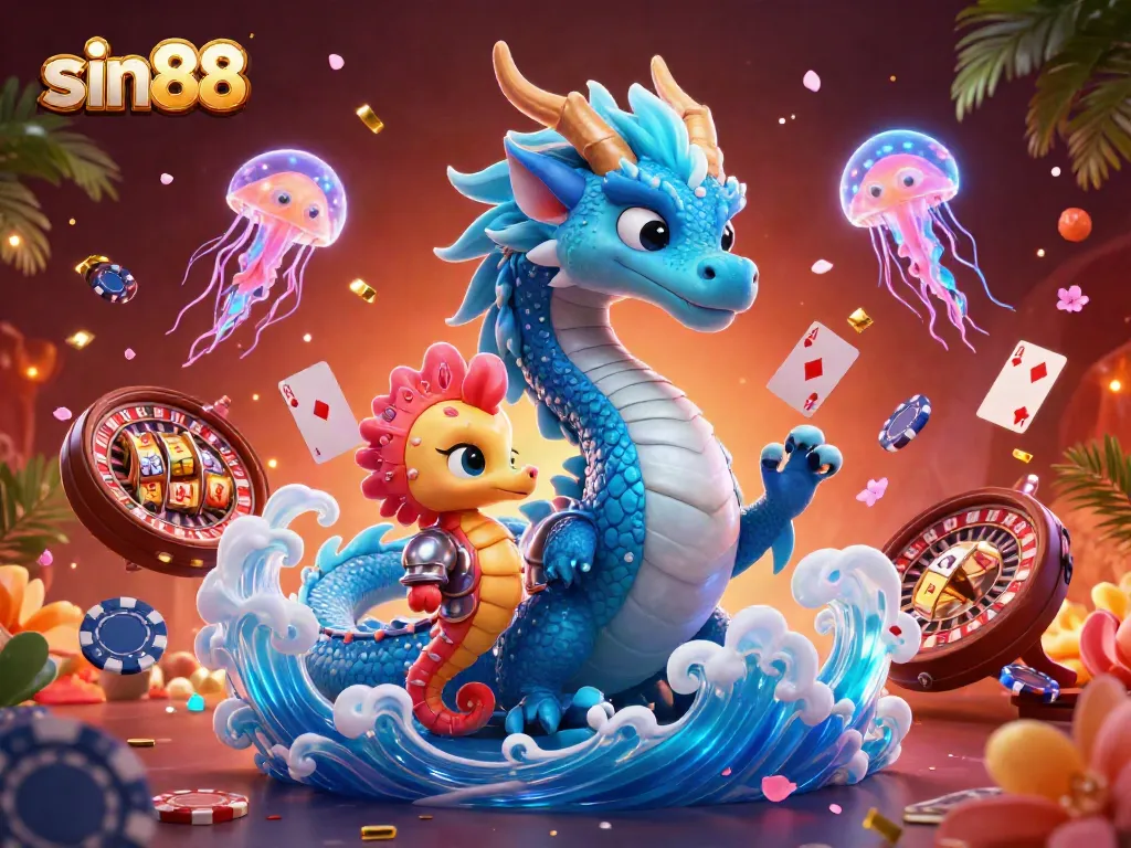 Experience exciting games with sin88 in this vibrant casino-themed 3D illustration.