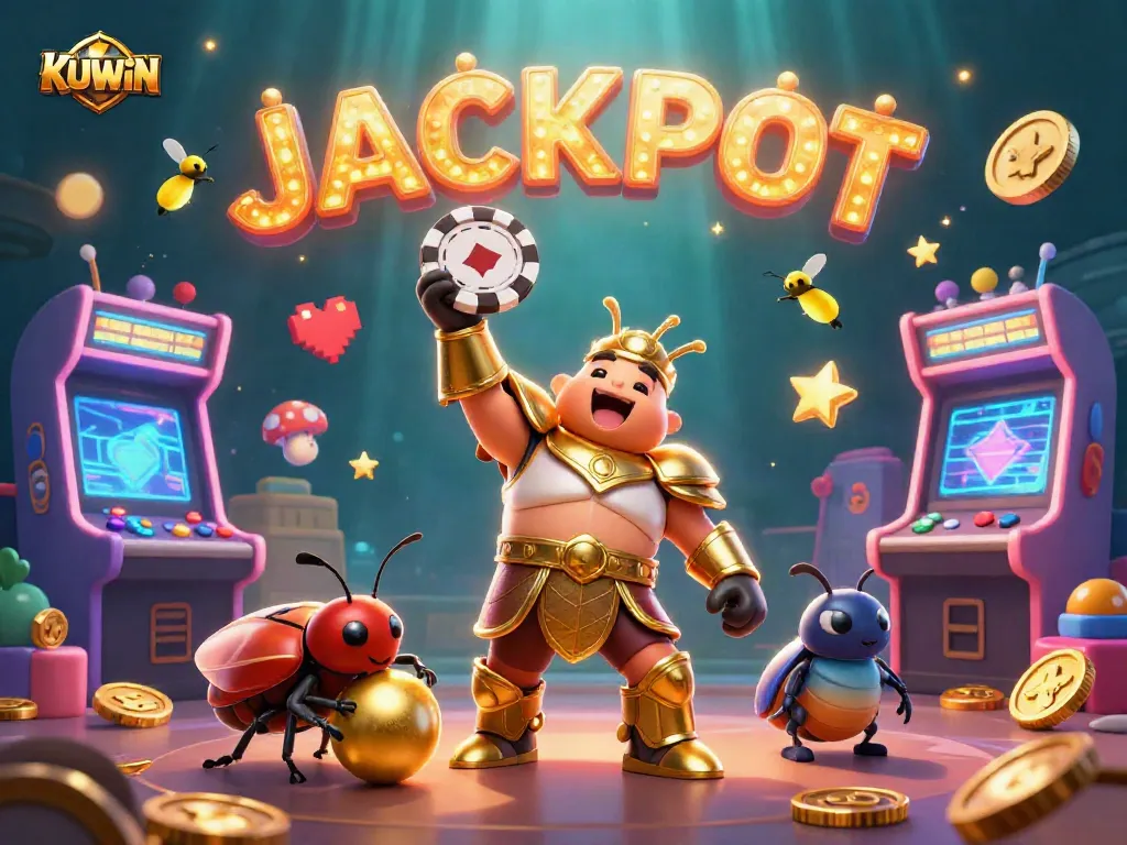 KUWIN delivers a thrilling casino experience with cartoon characters celebrating a jackpot in an exciting 3D environment.